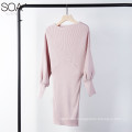 women long sleeve dresses boat neck drop shoulder and puff sleeve buttock sweater dress